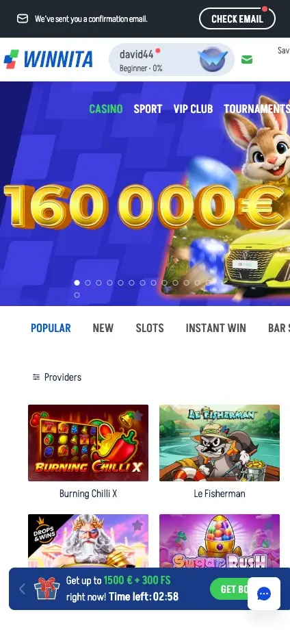 Winnita Casino mobile interface screen