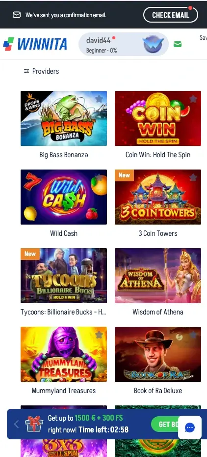 Winnita Casino mobile account and bonus screen